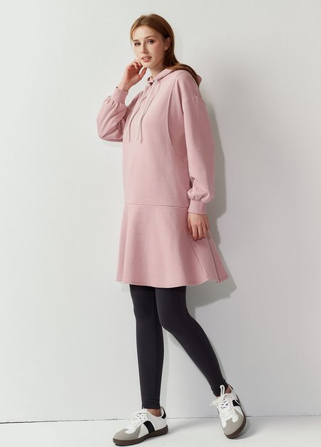 荷葉裙襬連帽孕哺洋裝-淺粉3