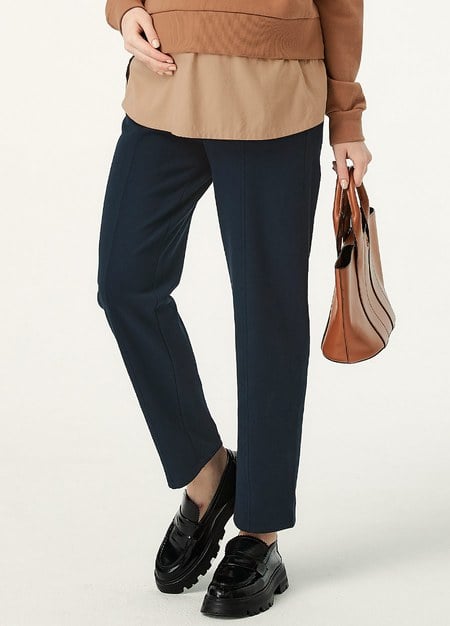 彈力壓線上班孕婦褲-深藍1