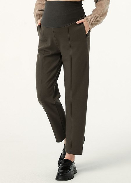 彈力壓線上班孕婦褲-深綠2