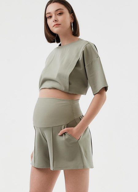 彈力壓線孕婦短褲-淺綠1