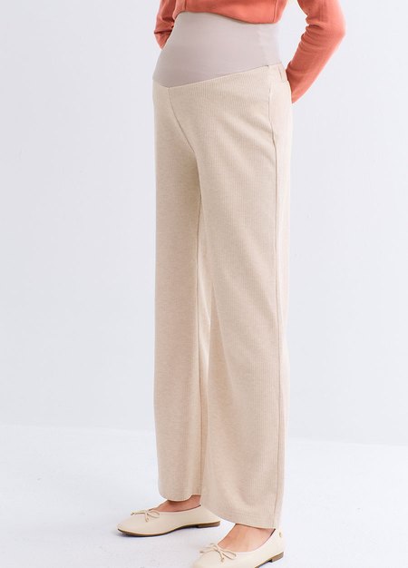 針織直筒孕婦寬褲-米色3