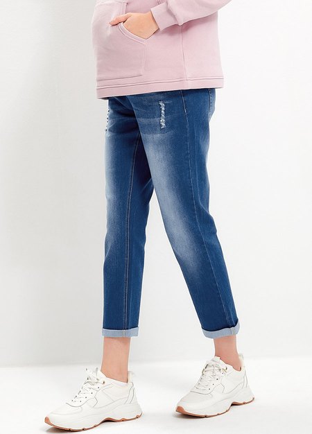 Boyfriend刷破牛仔孕婦褲-深藍4