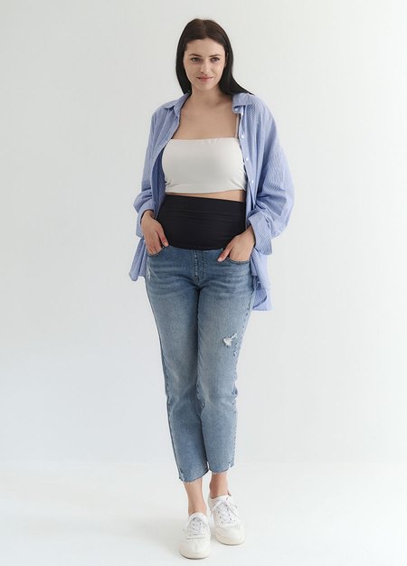 修身男友牛仔孕婦褲-淺藍2