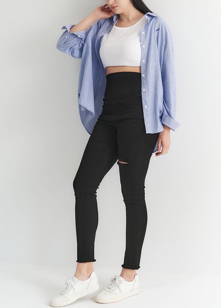 彈力顯瘦割破牛仔孕婦褲-黑色3