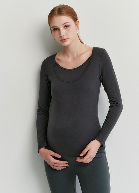 圓領保暖孕哺蓄熱衣-深灰3