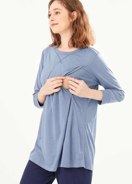 素色撞色孕哺居家服組-藍紫2