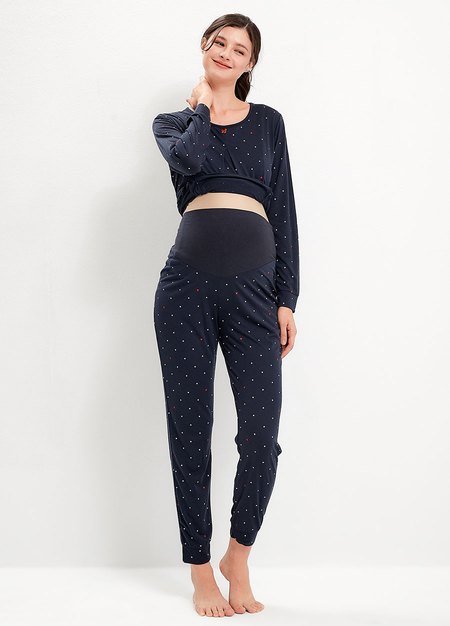 點點米奇莫代爾孕哺居家套裝(長袖+長褲)-深藍4