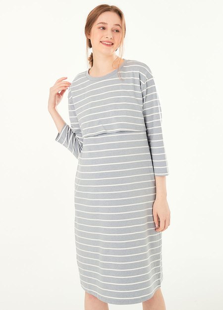棉質條紋寬鬆孕哺居家洋裝-灰藍3
