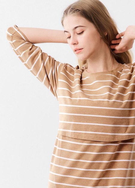 棉質條紋寬鬆孕哺居家洋裝-卡其1