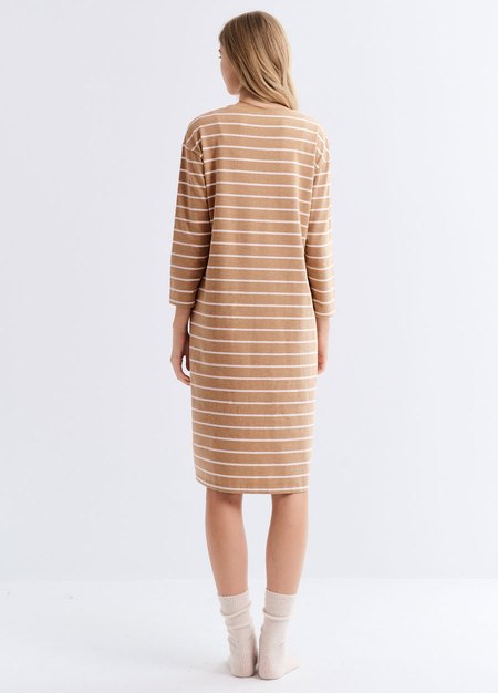 棉質條紋寬鬆孕哺居家洋裝-卡其4