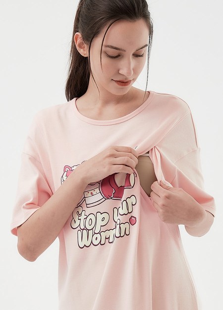 迪士尼甜點熊抱哥孕哺居家洋裝-淺粉2