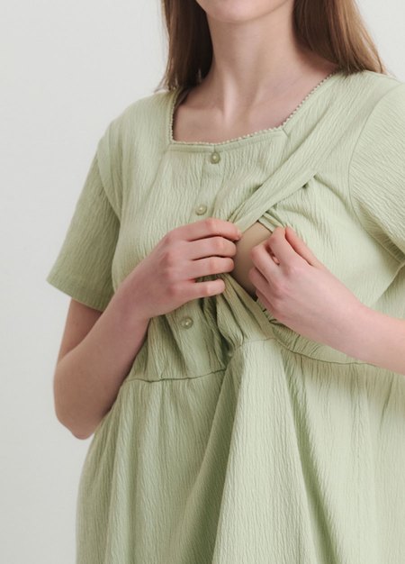 棉質泡泡孕哺居家洋裝-果綠2