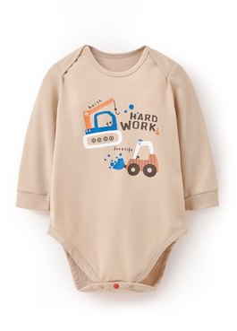 BABY Q彈棉質長袖包屁衣-工程車 - 卡其