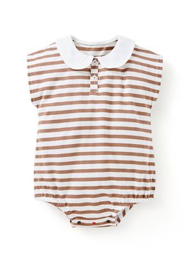 BABY翻領橫紋寬鬆包屁衣 - 咖啡