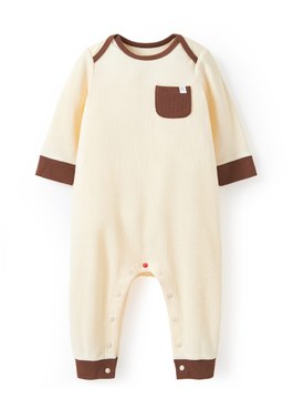 BABY Q彈配色長袖連身衣 - 米色