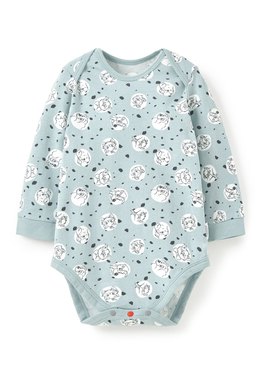 BABY迪士尼Q彈棉質長袖包屁衣-點點貓狗 - 藍綠