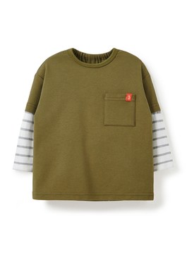 BABY假兩件長袖T恤 - 橄綠