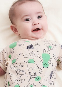新生兒Q彈棉質包屁衣-童趣線條 - 綠色