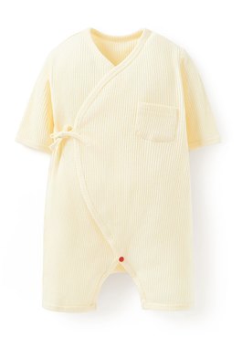 新生兒坑條短袖連身包屁衣 - 淺黃