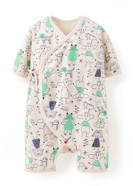 新生兒短袖連身包屁衣-童趣線條 - 綠色