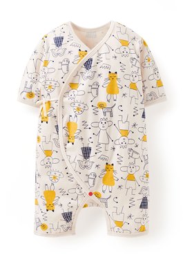 新生兒短袖連身包屁衣-童趣線條 - 黃色