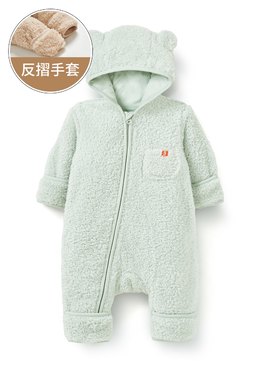 新生兒造型絨毛拉鍊長袖連身衣 - 淺綠