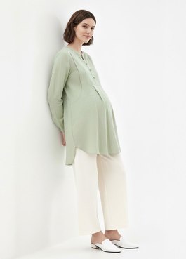 立領弧形剪接長版孕哺上衣 - 果綠