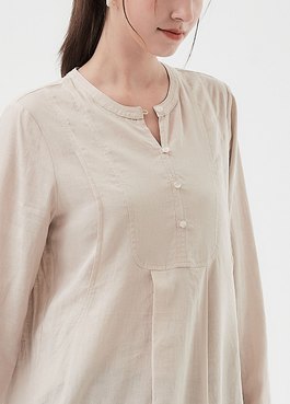 立領弧形剪接長版孕哺上衣 - 米色
