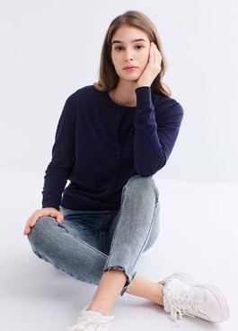 圓領開襟孕哺針織衫(兩穿) - 深藍