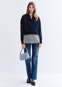 假兩件翻領傘襬孕哺上衣 - 深藍