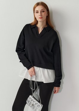 假兩件翻領傘襬孕哺上衣 - 黑色