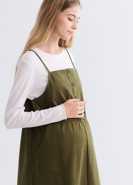 假兩件式細肩帶孕哺洋裝 - 橄綠