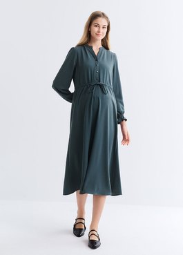 小立領半開襟腰繫帶孕哺洋裝 - 藍綠