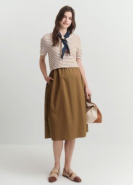 橫紋拼接假兩件孕哺洋裝 - 駝色