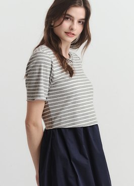 橫紋拼接假兩件孕哺洋裝 - 淺灰