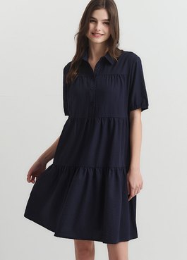 襯衫領蛋糕裙孕哺洋裝 - 深藍