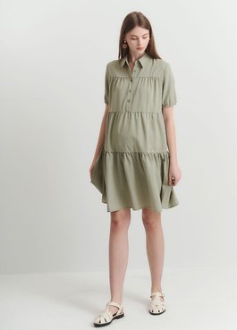 襯衫領蛋糕裙孕哺洋裝 - 淺綠