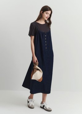 假兩件式牛仔細肩帶孕哺洋裝 - 深藍