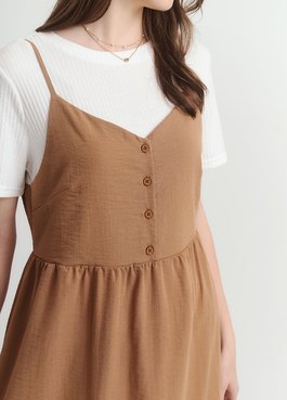 假兩件式細肩帶蛋糕孕哺洋裝 - 駝色