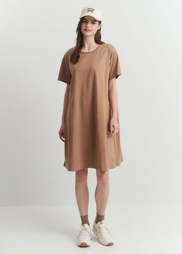 棉質假兩件孕哺洋裝 - 駝色