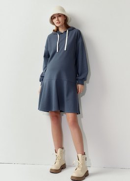 荷葉裙襬連帽孕哺洋裝 - 灰藍