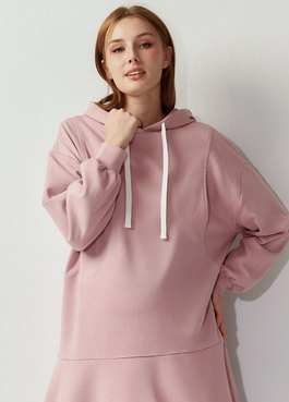 荷葉裙襬連帽孕哺洋裝 - 淺粉