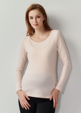 圓領保暖孕哺蓄熱衣 - 淺粉