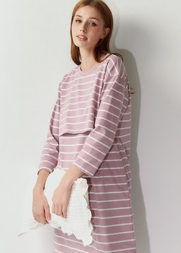棉質條紋寬鬆孕哺居家洋裝 - 粉紫